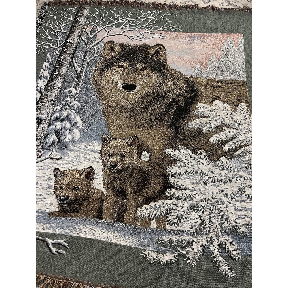 VTG Tapestry Throw Blanket Wolf & Pups Wolves Woven Fringe